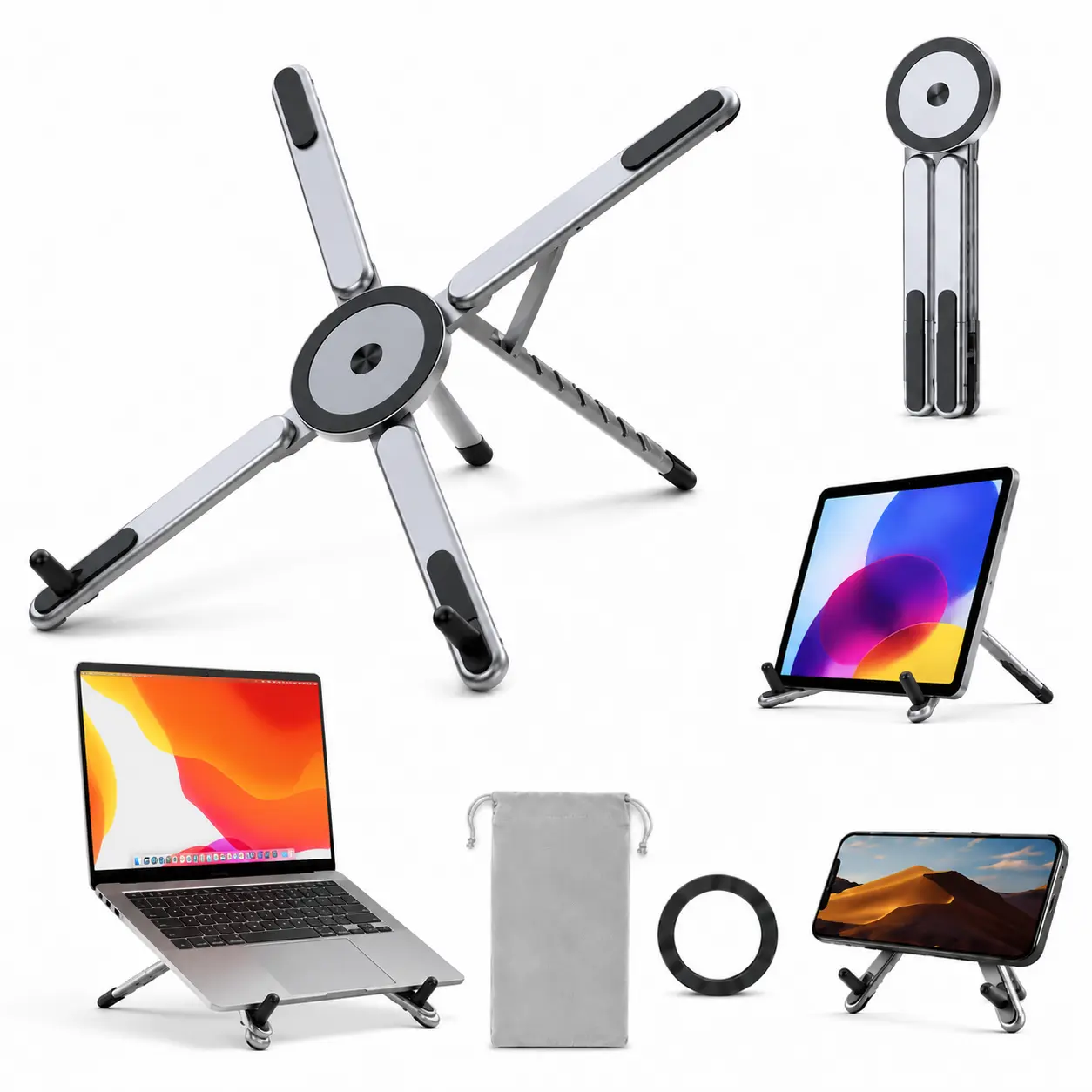 Foldable Laptop Stand for Desk, Adjustable Aluminum Computer Riser with Magnetic Phone Holder, Portable Ergonomic Laptop Stand for MacBook, Notebook & Tablet 10–16 Inch
