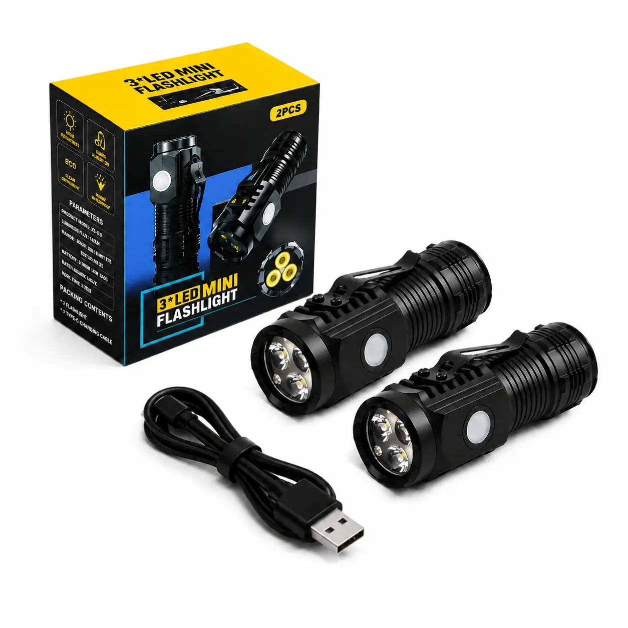 TikTokShopSummerSale【2-Pack Rechargeable Mini LED Flashlights】with USB Port, High-Brightness Luminous Beam, 3 Modes, Adjustable Focus, Compact Size, Powerful Energy, Home Improvement Tools and Gadgets, Outdoor Camping Essentials