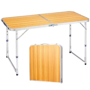 【Father's Day Gift】  Karlhome 4ft Wood Grain Aluminum Alloy Folding Table, Foldable Outdoor Desk, 2-Fold Design, 50kg Load Capacity,summerwins