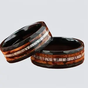 Deer Antler & Charred Whiskey Barrel Wood Mens Wedding Ring Black Hammered Tungsten us, Mens Wooden Wedding Band, Antler Ring, Comfort Fit 8mm