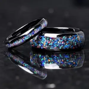 Women's Black Stainless Steel Promise Ring - Glow-in-the-Dark Dark Blue Dome Floral Design, Elegant Wedding Engagement Ring for Leisure & Outdoor Use