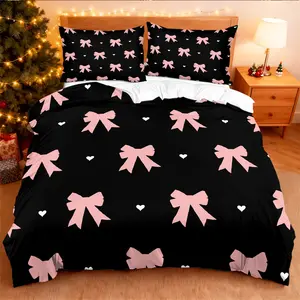 Black and pink bedding with bow and heart print, cover and pillowcase set, a sweet and cool romantic bedroom decor, Soft Bedding Sets