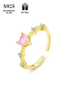 S925 Sterling Silver Pink Rhinestone Heart Decor Open Ring, Adjustable Open Ring for Women, Trendy All-match & Exquisite Jewelry for Birthday Gift