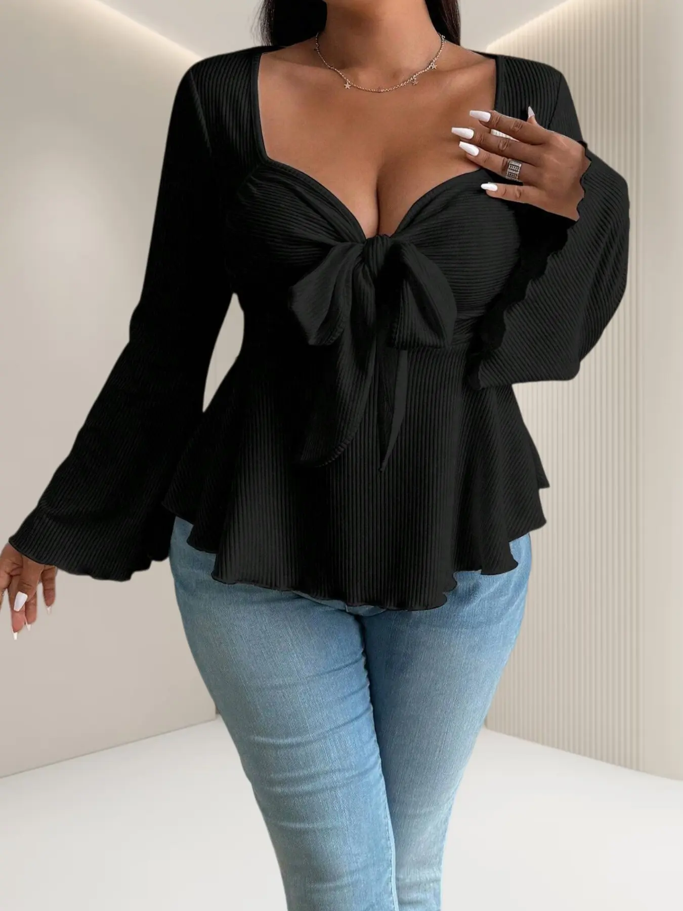 Plus Size Pure Desire Casual Style Solid Color Square Neck Bow Top, Hot Girl Flared Sleeve Waist Cinch Ruffle Knit Sweater, Sweet Cool Outerwear Women, Womenswear, Long Sleeve