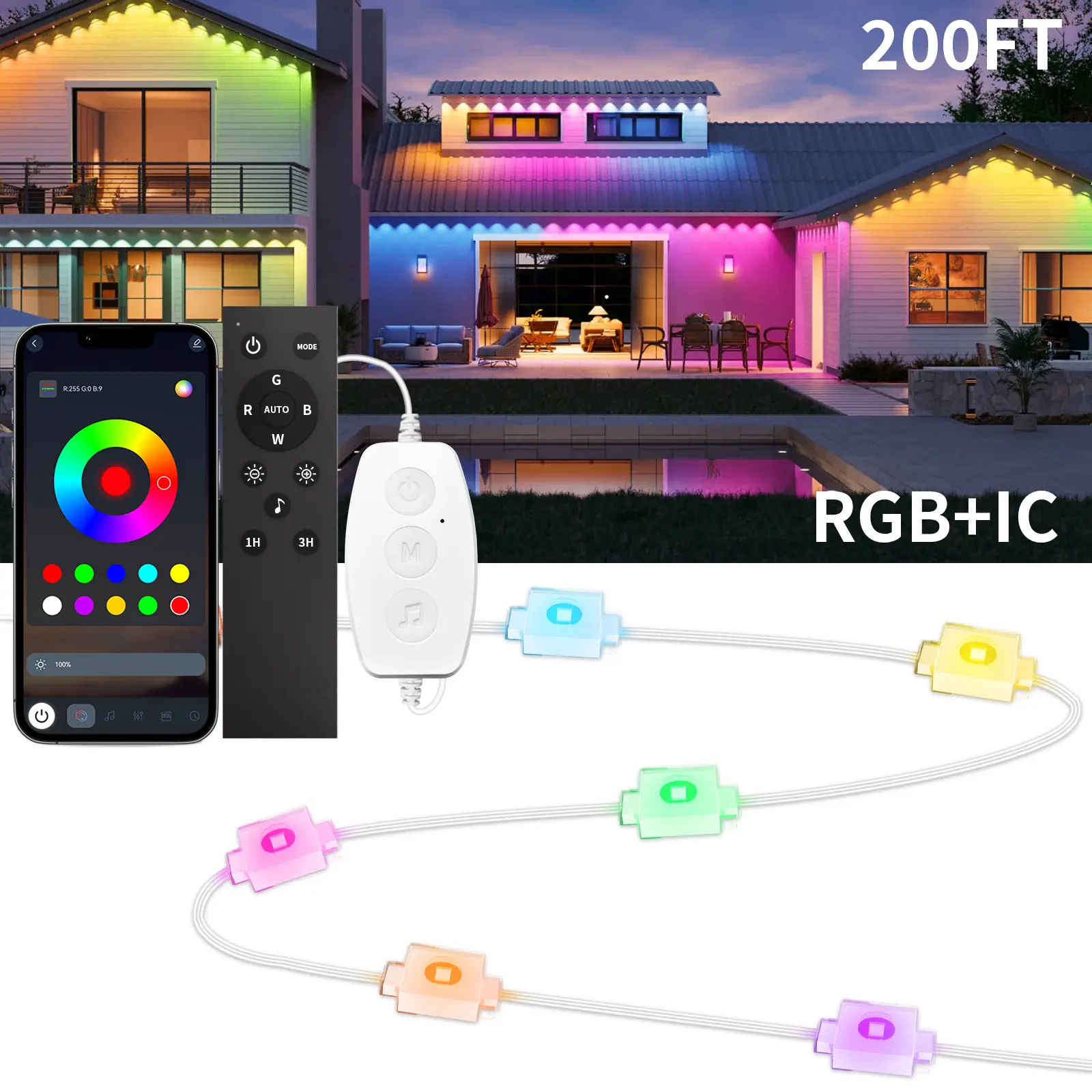 200FT Outdoor Permanent RGB-IC Eaves Lights more 100FT 50FT 32FT IP67 Waterproof Christmas Lights with Remote Smart APP Control DIY Eave Lighting for House Party Christmas Gifts #summerwins  #DealsForYouDays