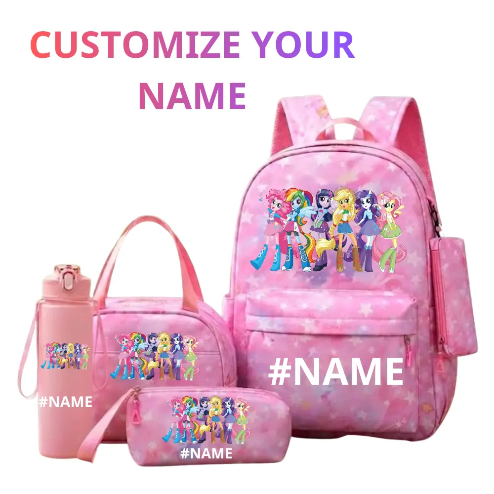 Customize Your Name My Little Pony 4-Piece Backpack Set for Girls & Teens, Personalized School Bag, Cute Laptop Backpack & Travel Rucksack