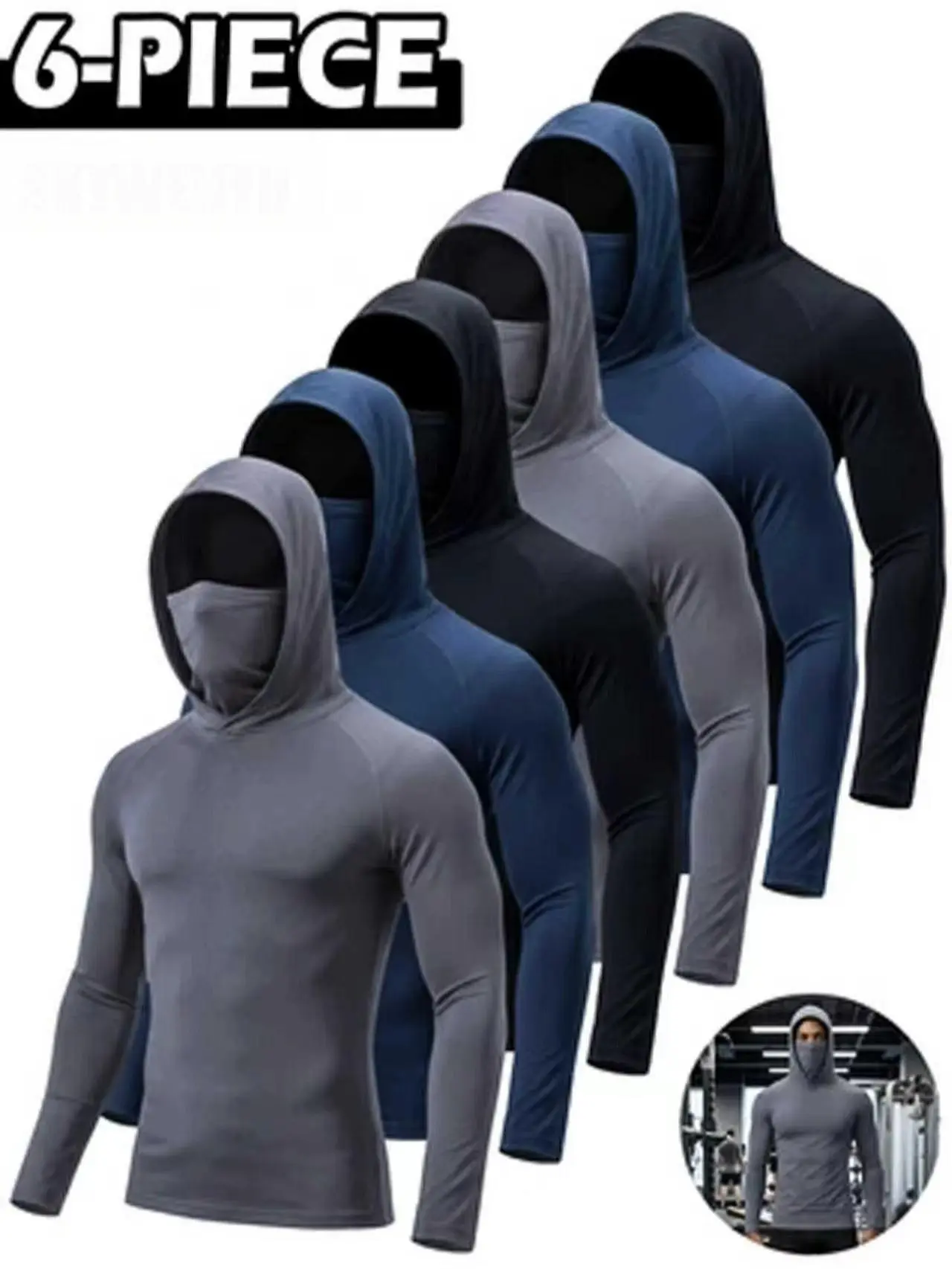 6-Pack Men’s Performance Hoodies, Lightweight Long Sleeve Athletic Shirts with UPF 50+ Sun Protection, Moisture-Wicking Gym Gear, Breathable & Quick-Dry for Running, Fishing, and Outdoor Workouts