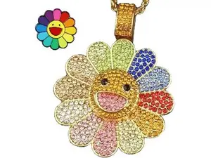 Sunflower Colorful Petal Smiley Face Necklace Takashi Murakami Inspirational Badge Brooch(Spinning,Set of 2)