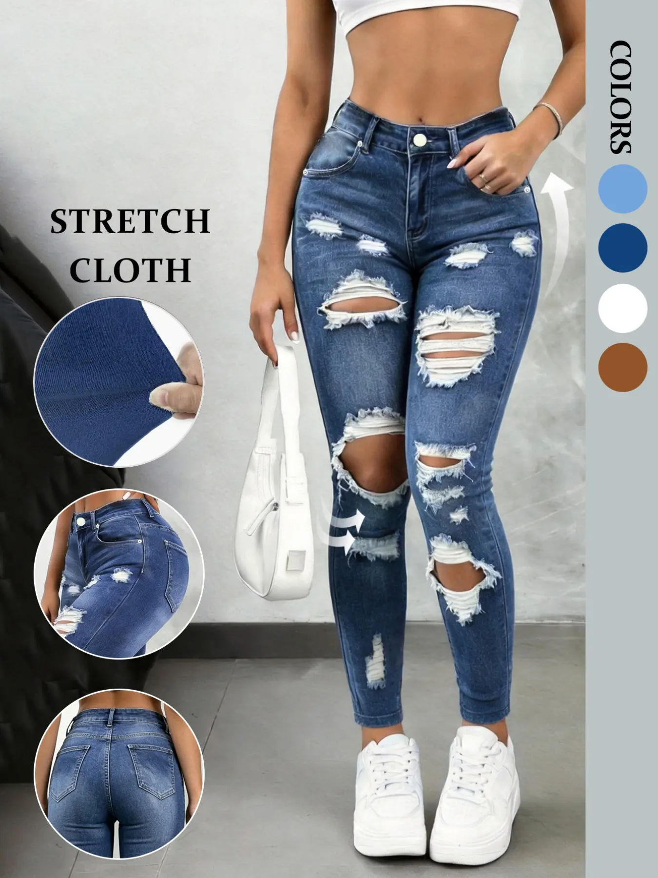 Women's Ripped Jeans, High-Waisted Skinny Fit, Solid Color, Five Pockets, Comfortable Elastic Denim Fabric, Casual Wear for Spring Summer Fall