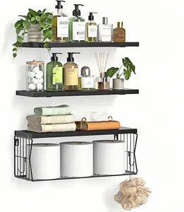 Floating Shelves, Bathroom Shelves Over Toilet With Wall Decor Sign, Wood Wall Shelves With Protective Metal Guardrail & Paper Storage Basket For Bathroom, Bedroom, Living Room, Kitchen