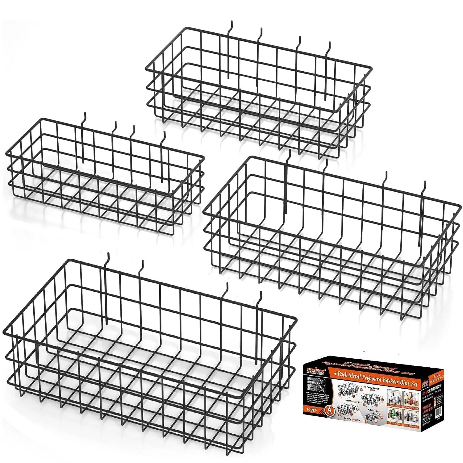 HORUSDY 4-Pack Multi-Size Square Peg Board Bins & Baskets - Rust-Resistant Metal Tool Storage Organizer Box with Hooks for Workbench, Peg System Tool Racks (Shop Use Compatible)