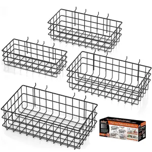 HORUSDY Peg Board Bins and Baskets | 4 Pack | Square Style 4 Size Pegboard Baskets and Pegboard Bins for Organize Workbenches, Accessories Steel Paint Tool