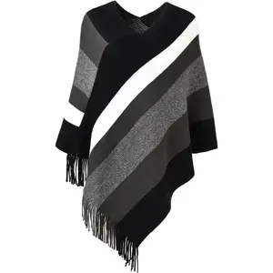 Women's Striped Poncho Sweater Cozy Knit Fringe Shawl Wraps for Fall Winter