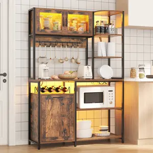 Bakers Rack with Power Outlet and LED Light, 42.5 inch Industrial Coffee Bar Cabinet with Trash Can Storage Bin Cabinet, Microwave Stand with Storage for Kitchen, Living Room