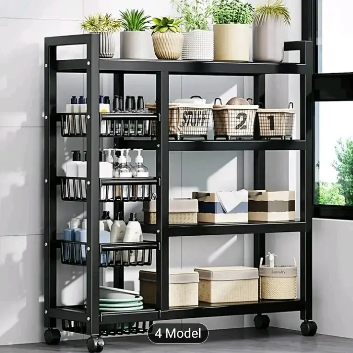 MIKEE A Kitchen Storage Rack with Adjustable Height, Featuring Wire Baskets, a Microwave Stand, And a Bakers Rack, Designed for Movable Metal Shelving Suitable for Pantry And Small Kitchen Organization