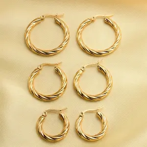 3pair Vintage Twisted Hoop Earrings for Women Gold Plated Stainless Steel Twist Ear Buckle Stackable Circle Hoops Party Jewelry