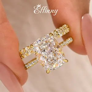 Effinny 5.0 Carat Cushion Cut 2PC Golden Wedding Ring Set With Oval Cut Wide Wedding Band, 925 Sterling Silver Promise Ring, 5A Cubic Zirconia Travel Ring, Engagement Ring, Adults