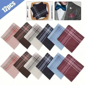 12 Piece Cotton Men's Handkerchiefs, Classic Vintage Style, Lightweight, Easy Care, Fashionable Stripes and Plaid Patterns, Accessories