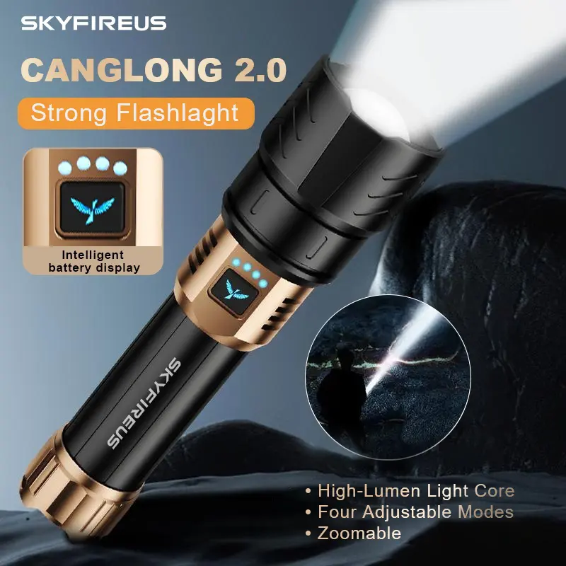 SKYFIRE 1097 High Lumens Handheld Flashlight - 1300lm Super Bright Rechargeable LED, Ignition Lens, Zoomable, 4 Modes, Waterproof Adjustable Tactical Flashlight for Camping Tactical Accessories, Outdoor Gadgets