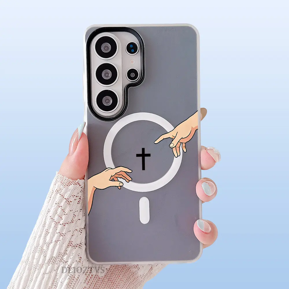 Two Hands and Cross Pattern Phone Case For Samsung Galaxy S26 Ultra S25 Plus S24 FE S23 S22 Luxury Candy Color 2-in-1 Shockproof Magnetic Smartphone Case Matte Soft Cellphone Casing Cover