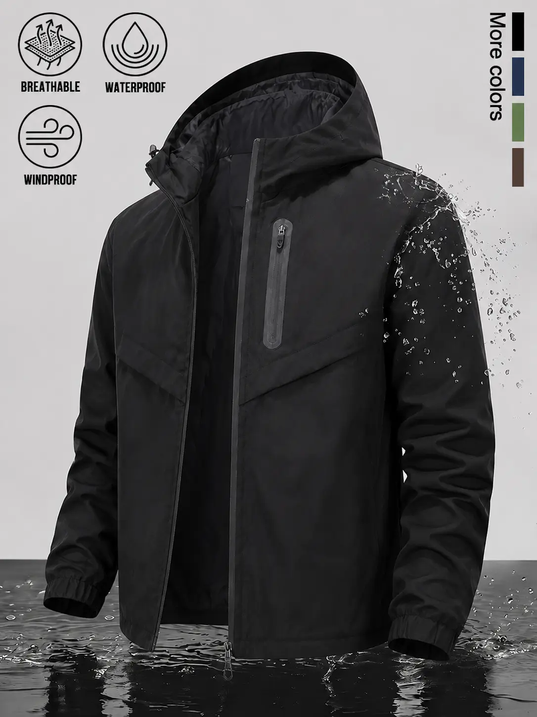 Men Multi‑Scene Hooded Windbreaker Outerwear, Waterproof Windproof Breathable Build, Convenient Sealed Zipper Chest Pocket Arrangement, Elastic Cuffs, Practical Outer Coat For Mountain Sports Travel Commute And Variable‑Weather Daily Outings