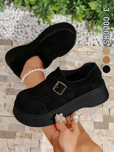 Women's Velvet Thick Sole Rubber Flatform Loafers, Vintage Workwear Style, All-Season Height Increasing Comfort Shoes, Casual & Commuter Wear