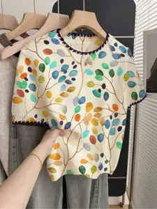 French retro loose round-neck short-sleeve contrast piping beige women's contrast leaf print spring and summer knitted top, summer top, white top, Casual, Knitwear