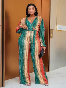 Plus Size Gradient Print Wrap Jumpsuit, Deep V Neck Long Sleeve, Tie Waist Wide Leg, Casual Party Romper, Multiple Colors Available