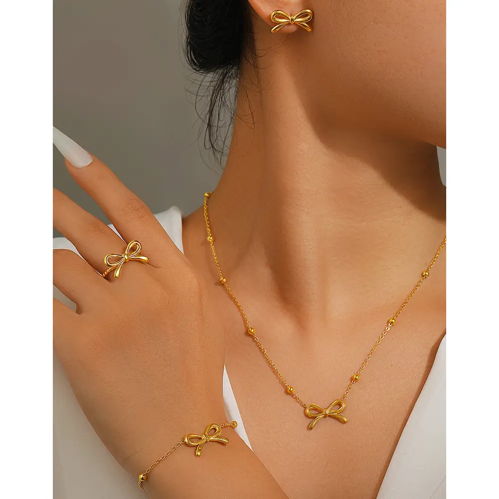 Women's Fashionable 4-Piece Jewelry Set, Stainless Steel Bow Design with Matching Collarbone Chain, Bracelet, Ring, and Stud Earrings, Fashionable Jewelry Set, Matching Jewelry Set
