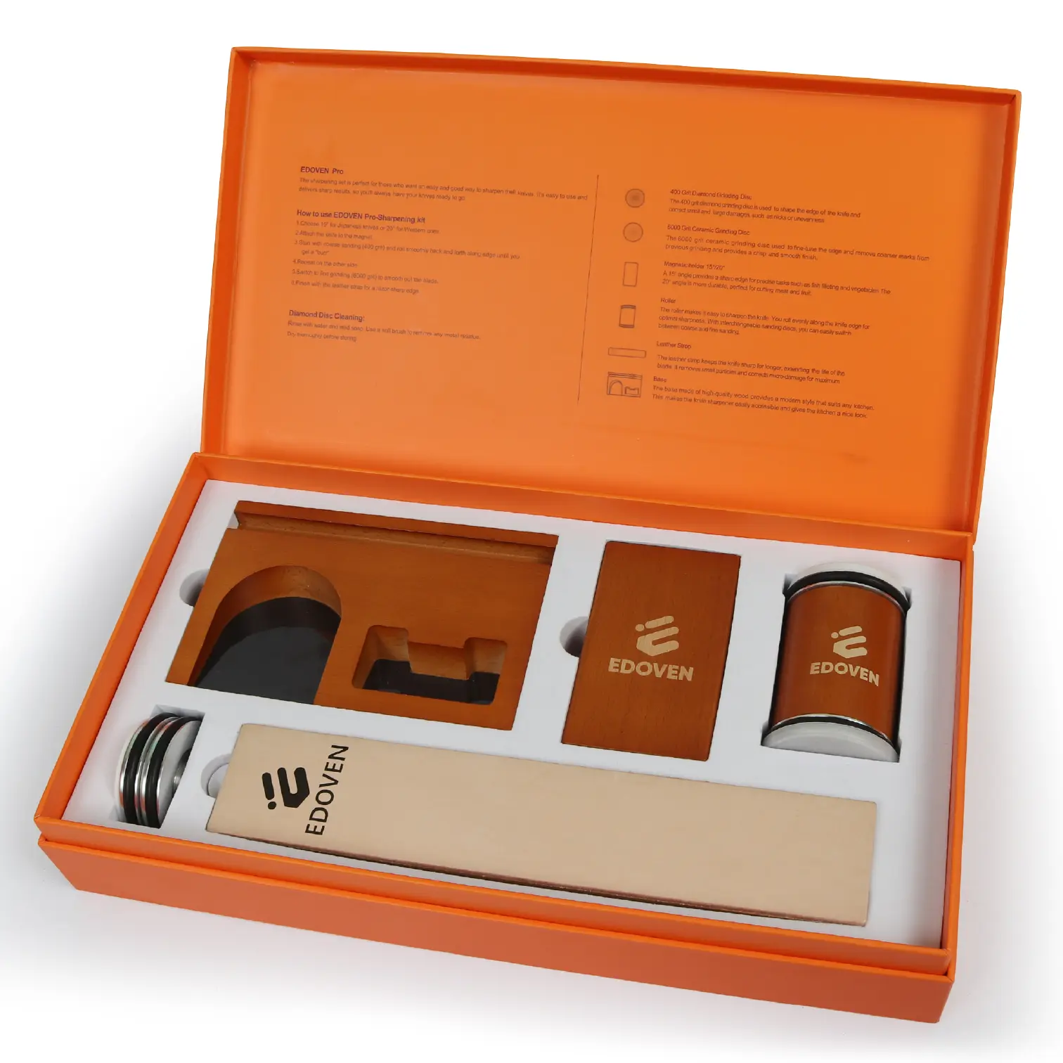 EDOVEN Premium Durable Wooden Rolling Knife Sharpener Set - Beech Wood Kitchenware with Magnets, Non-Slip Magnetic Base, Leather Strop, Stand, 2 Extra Discs, Ergonomic Design, 15-20 Degree Settings for Pocket & Culinary Knives, Elegant Chef Gift