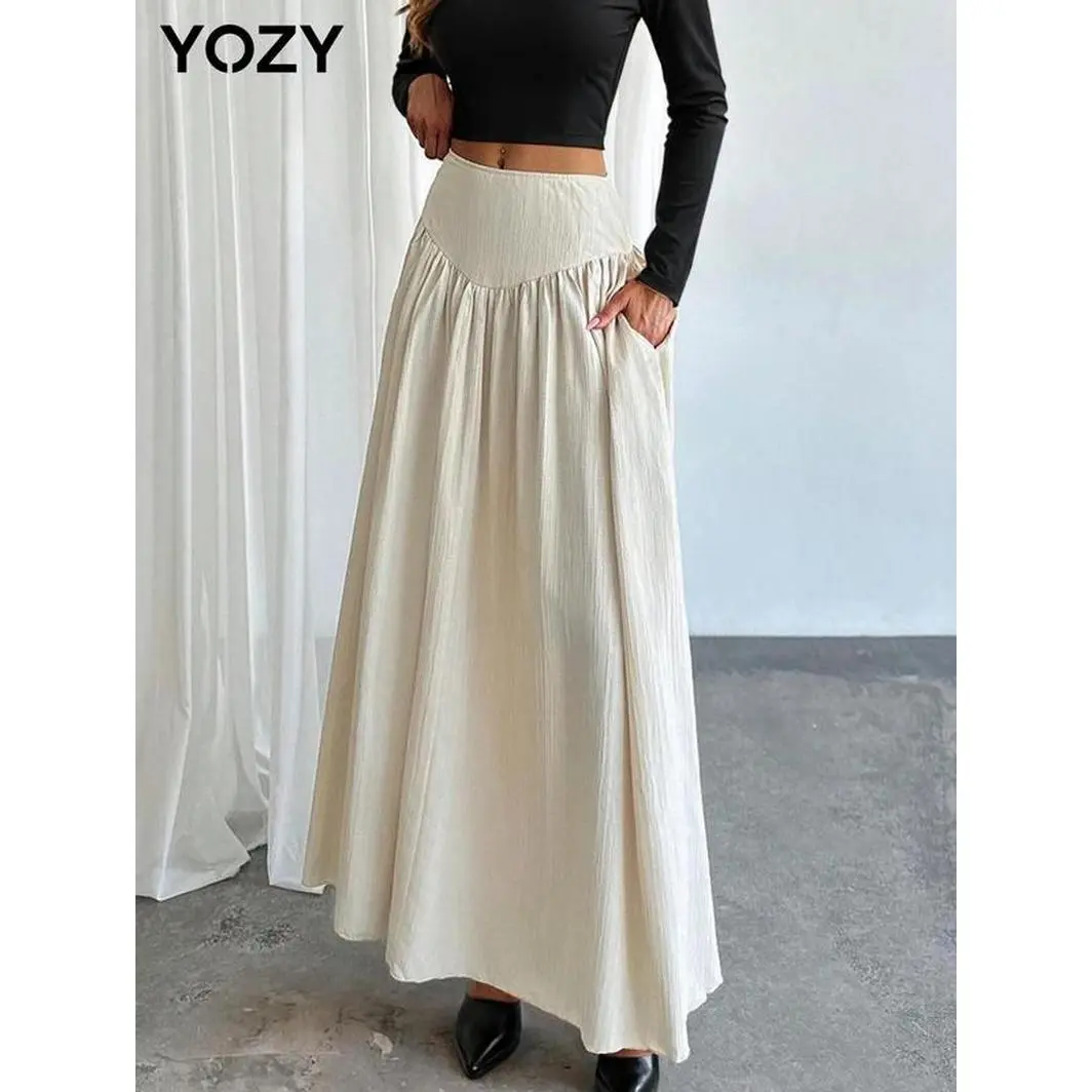 YOZY Women's Solid Color Woven Maxi Skirt with Zipper Low Waist Comfortable Basic for All Seasons Minimalist Style Elegant Formal Bottom Casual Polyester Soft Machine Washable