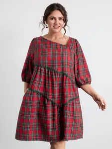 【Summer Turn-Up】【Color Blocking】 Bloomchic parijan outfits Festive Plaid Wavy Trim Midi Dress Casual Fit Long Sleeve Polyester sydney sweeney sheer brenay court thanksgiving outfits sun birthday april outfits 2026 Summer Pick for Mother's Day