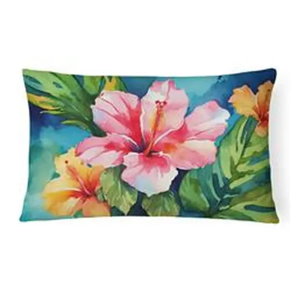 16 x 12 in. Unisex Decorative Fabric Pillow, Hawaii Hibiscus Watercolor Design, Fade-Resistant, Water-Resistant