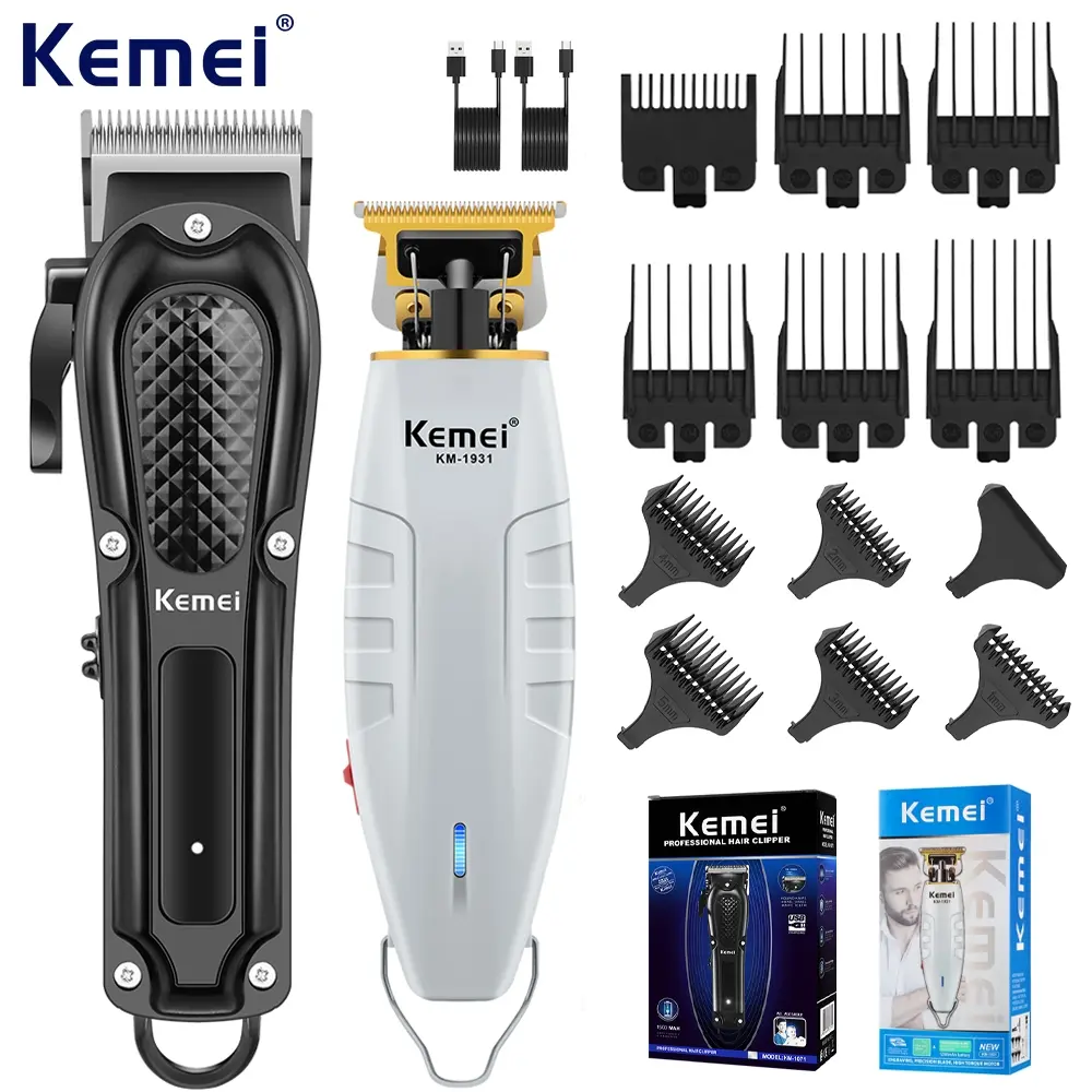 Kemei KM-1071 and KM-1931 professional men's electric hair clipper suit-equipped with durable motor, low-voltage hair clipper and USB rechargeable trimmer, suitable for barber shop and personal care, Hair Clipper Kit, Cordless Clippers Set