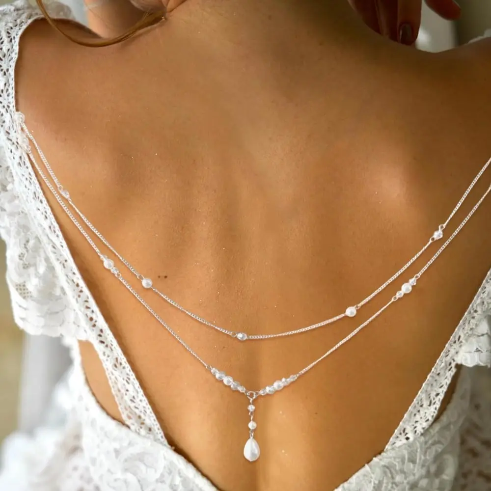 Pearl Back Necklace Chains for Backless Dress Bridal Wedding Shoulder Body Jewelry for Women Summer Backdrop Body Chain