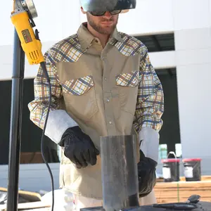 6.5OZ Pearl Snaps Two Tone Plaid/Solid Flame Resistant Cotton Welding Shirt-0907P