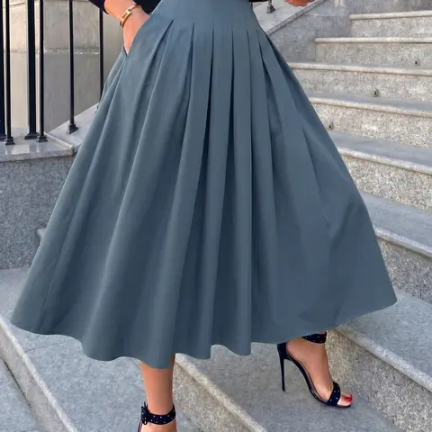 Women High Waist Pleated A-Line Skirt with Pockets, Casual Loose-Fitting Long Skirt, Spring & Fall Fashion, Solid Color, Zip Closure