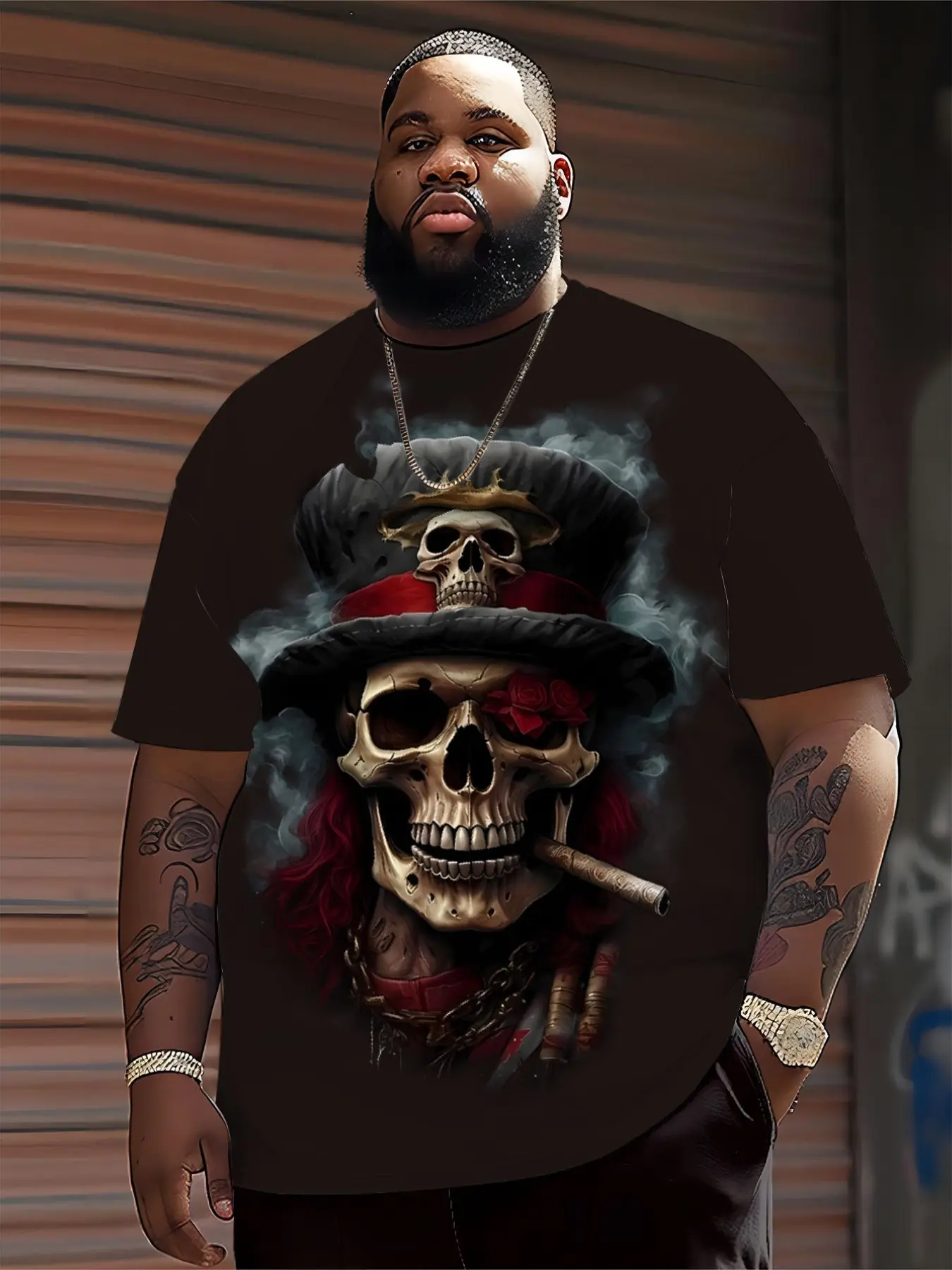 Men's Plus Size Fitted T-Shirt, Dark Skull Gentleman Print, Soft Breathable Fabric, All Seasons Comfort, Fashion New Trend Streetwear Top, Casual Graphic Top