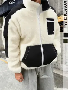 Men's Fashionable Casual Knit Cardigan Sweatshirt, Geometric Patchwork Lamb Fur Jacket, Comfortable Warm Material, Practical Pockets
