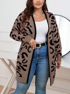 Plus Size Leopard Print Pattern Long Sleeve Cardigan