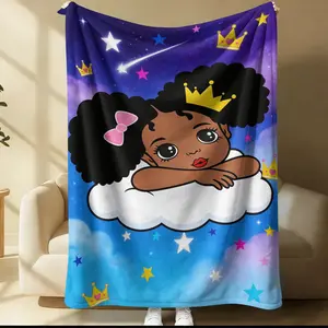 Cartoon Black Princess Flannel Throw Blanket, Starry Sky & Crown Girl Blanket, All-Season Use, Multi-Scene Use, Sofa Blankets, Nap Blankets, Decorative Blankets, Suitable for Living Rooms & Bedrooms
