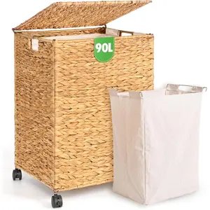 Wicker Laundry Hamper with Lid & Wheel, 23.8 Gallon (90 L) Handwoven Hyacinth Laundry Basket with Removable Liner & Handles, Sturdy Frame for Bedroom Laundry Room Natural