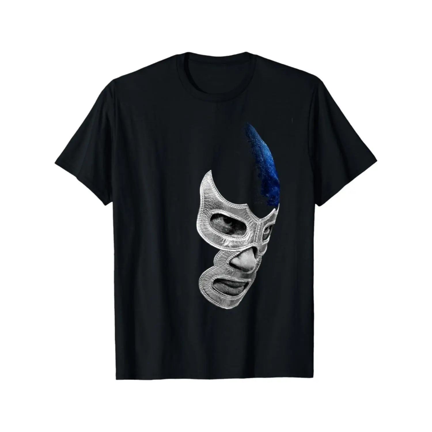 1pc Men's Casual Cotton Crewneck-Round Neck Short Sleeve Top, Menswear with Mexican Art Demon Blue Libre Wrestler Legend Applique, Geometric Pattern for Sports Running Hiking, Unisex Black