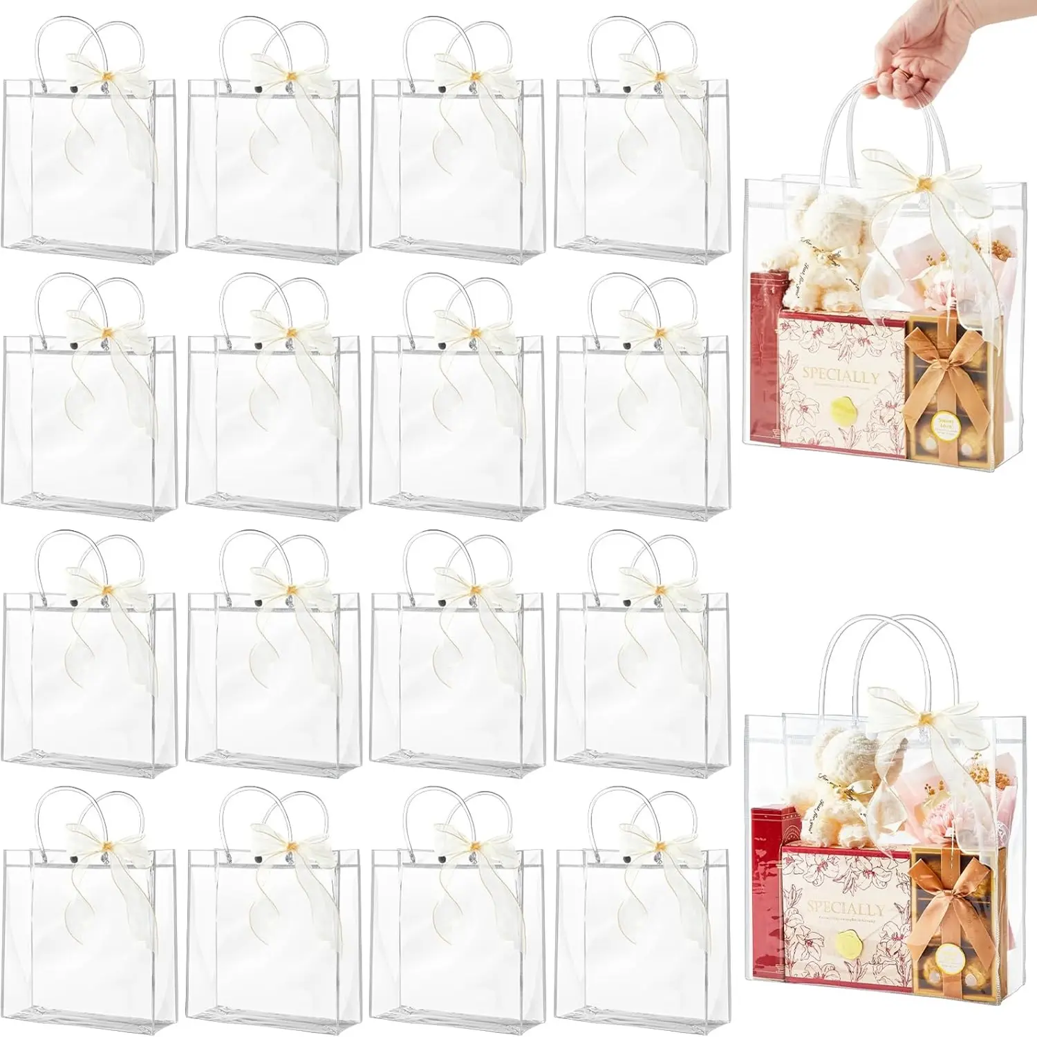 50 PCS Clear Plastic Gift Bags with Handles Reusable Party Favor Bags with Ribbon for Weddings Birthdays Unisex Durable Waterproof Transparent
