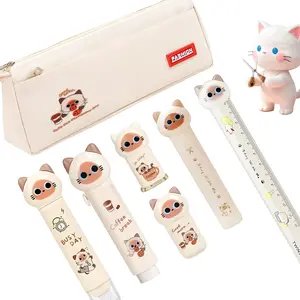 7 count Beige Cute  Stationery Gifts Set School Supplies Kawaii  Stationery Christmas Birthday GIFS Includes Pencil Sharpener Highlighter Correction Tape Pens Ruler for Office School Supplies