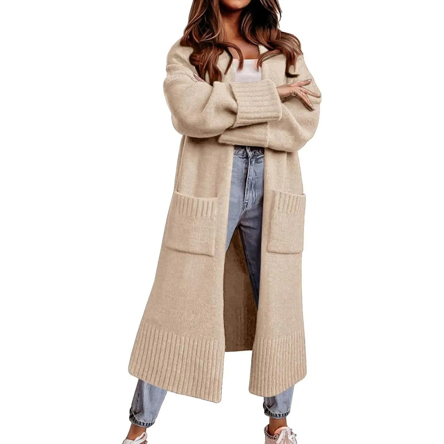 Saodimallsu Women's Open-Front Knit Cardigan Duster Coat for Fall, Foldable for Thanksgiving, Chinese New Year & Anniversary Occasions, Easter, Childrens Day, Cute, Draped, Long, Normal Type, Plain, Loose-Fitting, Multi-Function