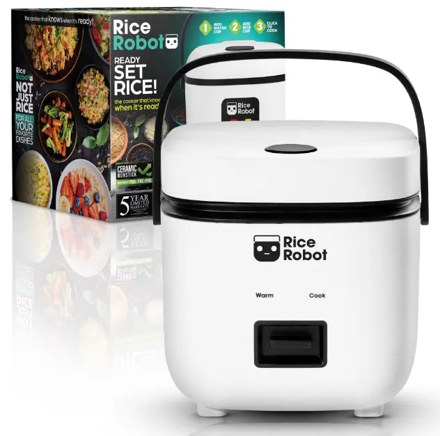 Rice Robot Personal Electric Rice Cooker & Steamer, 4 Cup, Nonstick, with Steamer Tray, White/Black