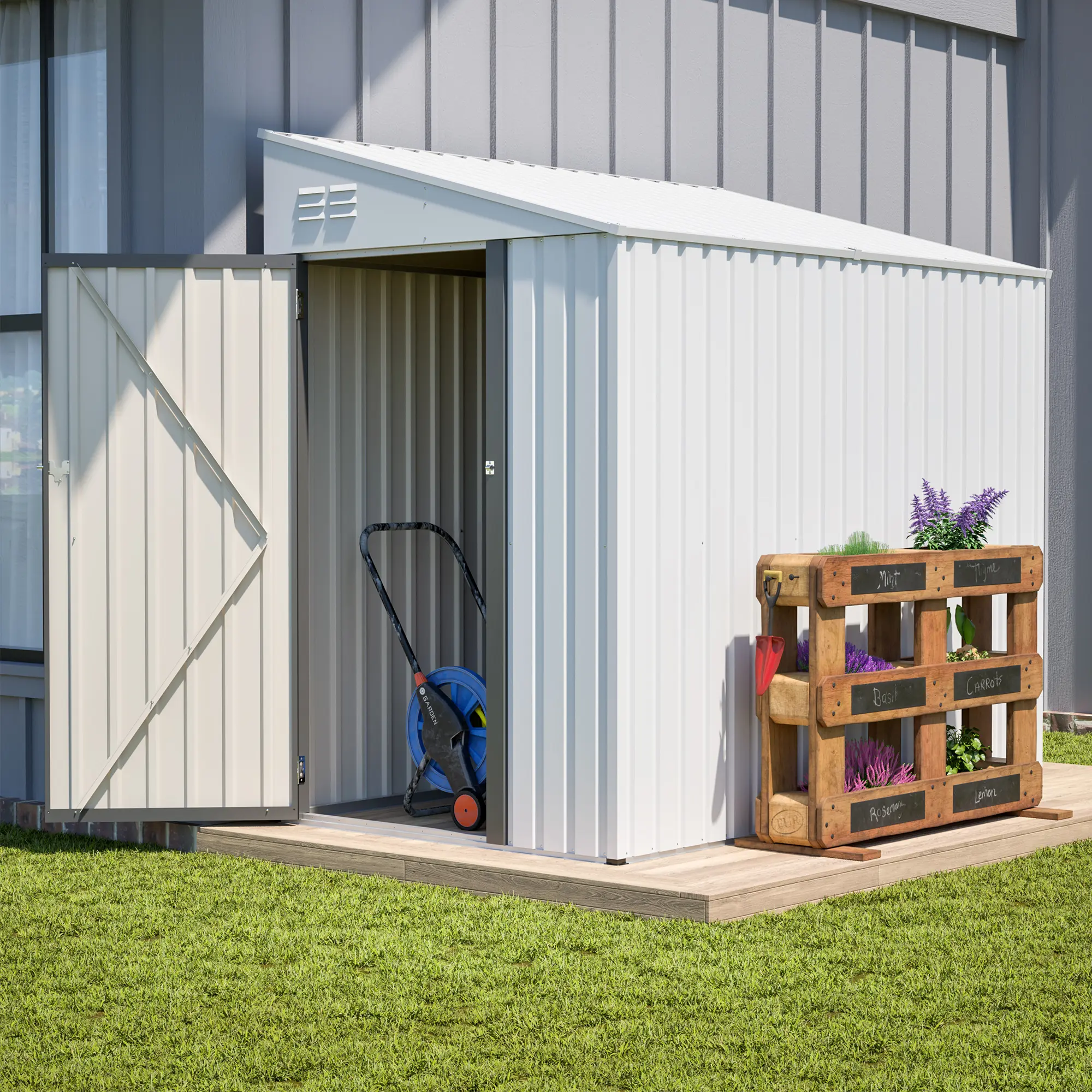 4x7 ft Heavy-Duty Galvanized Metal Lean-To Storage Shed, Sturdy Stable Patio & Garden Outdoor Shed with Lockable Door, All Hardware Included Easy Setup Backyard Organization Solution for Bikes, Tools, Galvanized Steel