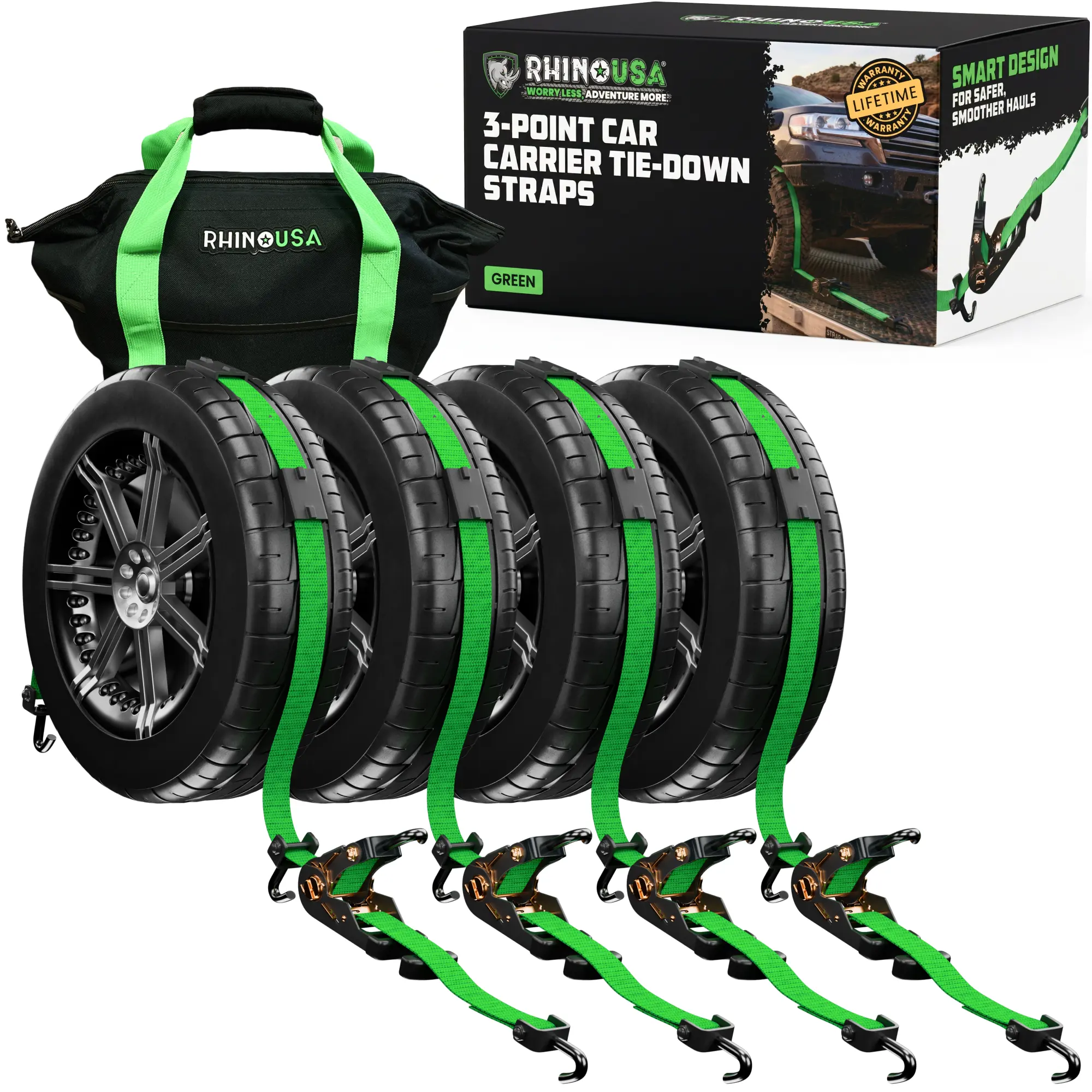 Rhino USA 3-Point Car Carrier Tie-Down Straps – 2" x 12ft Over-the-Tire System w/Patented T-Handle Ratchet, Swivel J-Hooks & No-Slip Rubber Blocks – 10,000lb Break Strength Auto Hauler Straps