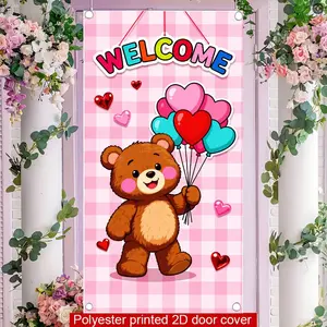 2D flat banner, 1pcWelcome Teddy Bear Balloon Backdrop, Pink Checkered Party Decorations with Heart Balloons, Festive Celebration Banner for Greetings & Eventsgalentines party decor, valentine day decor, decorations for valentines day